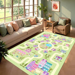 tapis jeu enfants thème urbain personnages animés rues voitures blanc rose