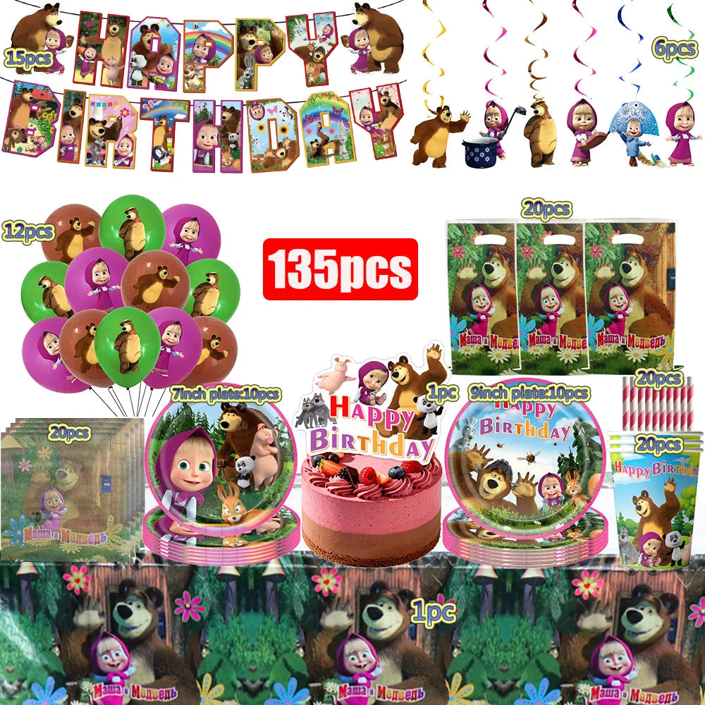 ensemble vaisselle jetable masha ours assiettes gobelets serviettes anniversaire enfant cartoon