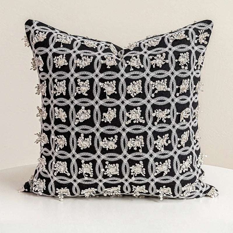 coussin noir blanc brodé géométrique moderne fixé 45x45cm décoration