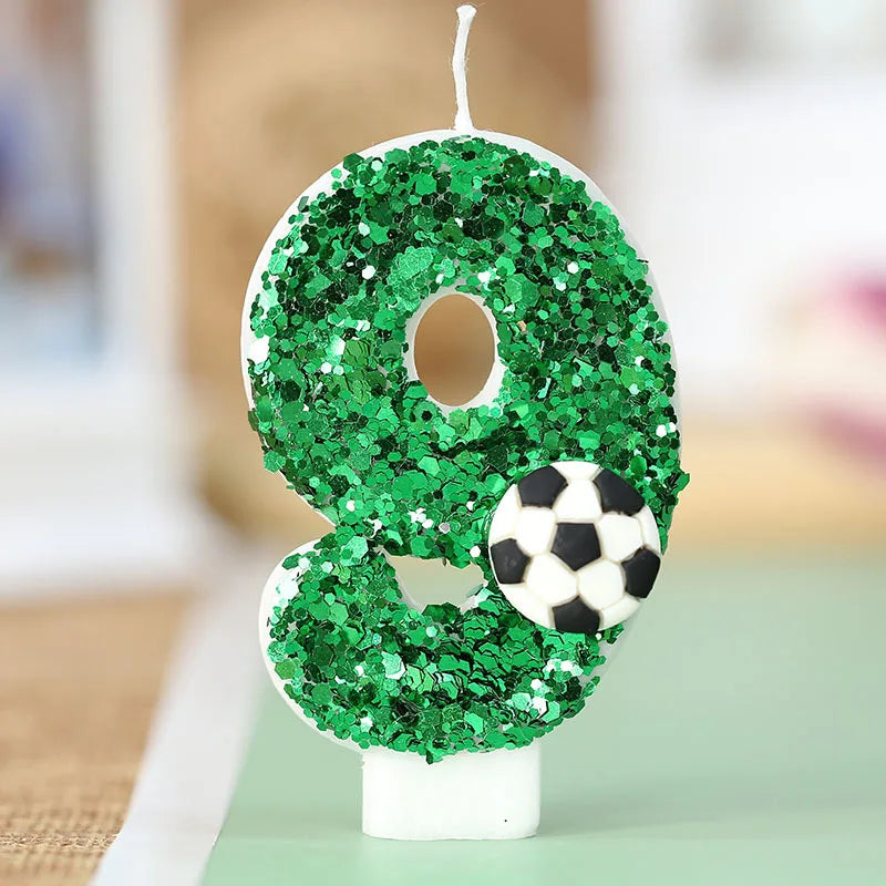 bougies anniversaire numérotées vertes paillettes ballon football décoratives enfants gâteau fête sportive