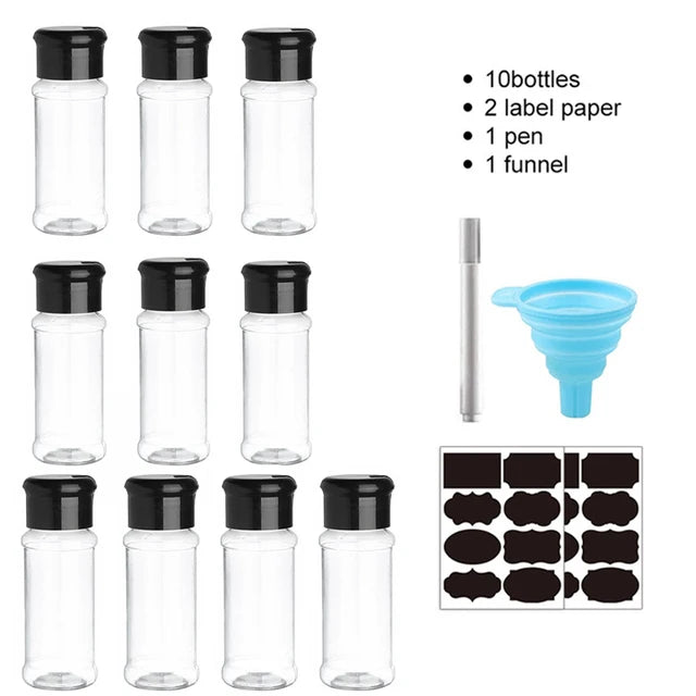 flacons épices transparents modernes ajustables étiquettes filtres pince poivre sel cuisine