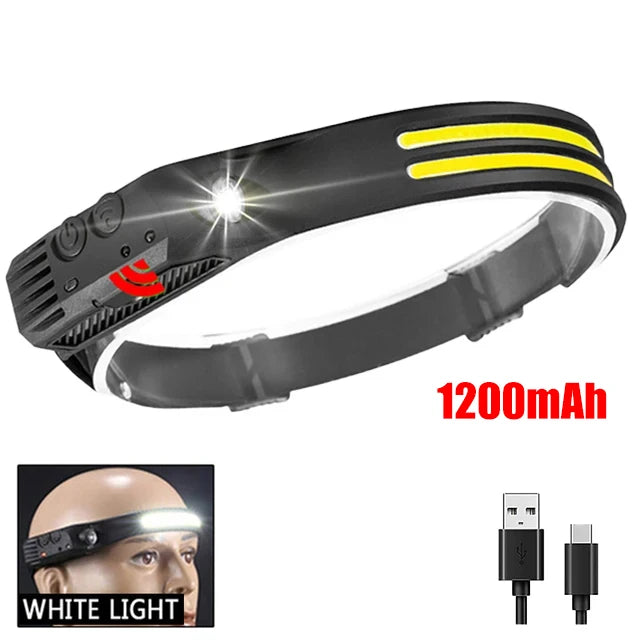 lampe frontale led cob rechargeable camping pêche randonnée noir rayures jaunes