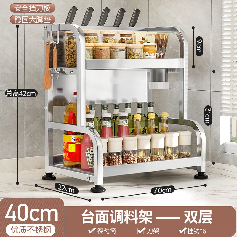 étagère cuisine métal argenté support couteaux bocaux épices rangement comptoir