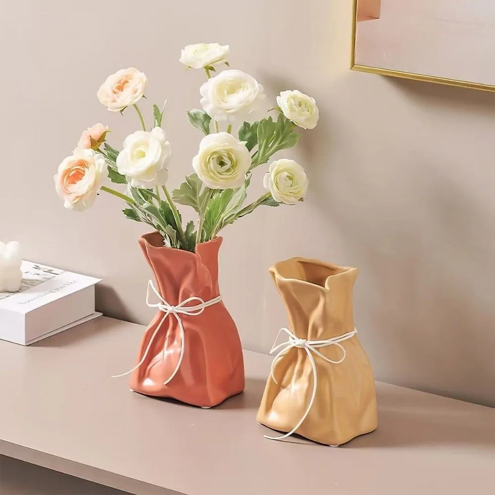 Sac fleurs moderne ruban uni blanc orange marron clair vert