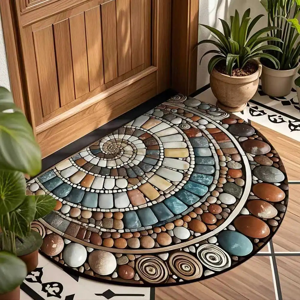 tapis d'entrée moderne bleu orange marron spirale antidérapant facile entretenir intérieur extérieur