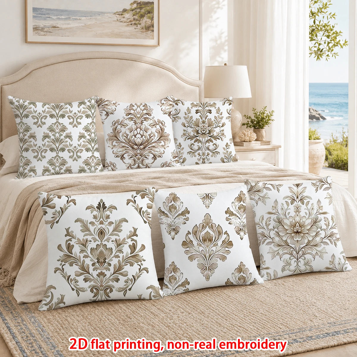 housses coussin décoratives motif floral damassé classique beige blanc marron clair élégantes maison pièces