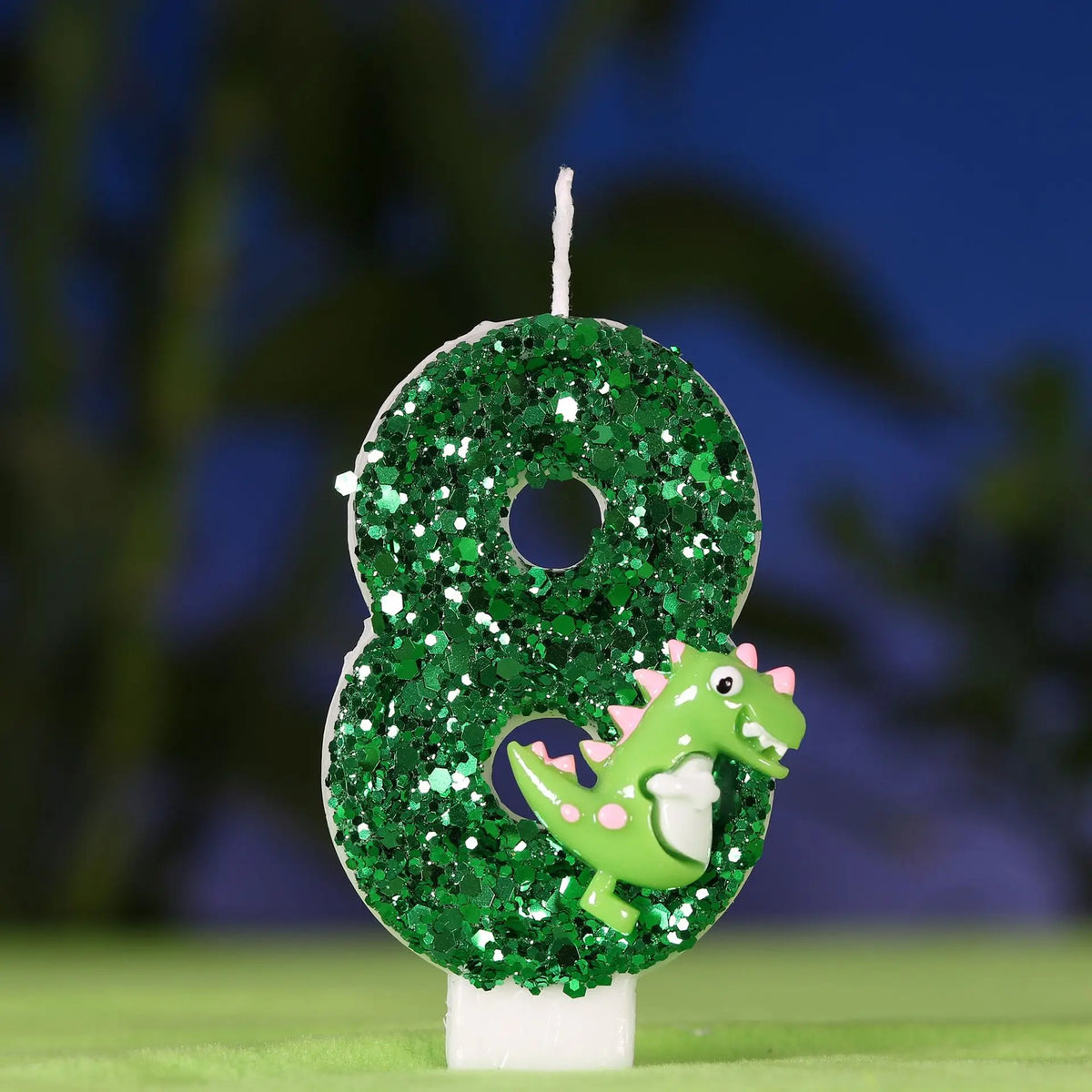 bougies anniversaire forme chiffre glitter vert dinosaure décoratives tringle inclusion boîte transparente