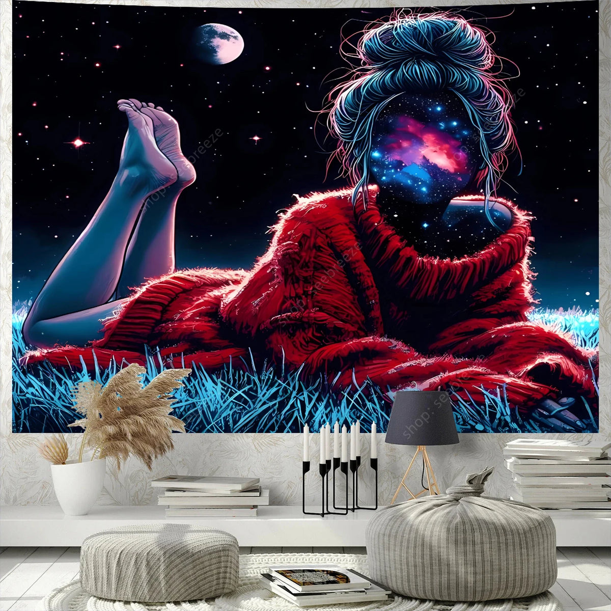 tapisserie moderne galactique femme motifs planétaires rouge violet bleu noir