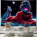 tapisserie moderne galactique femme motifs planétaires rouge violet bleu noir