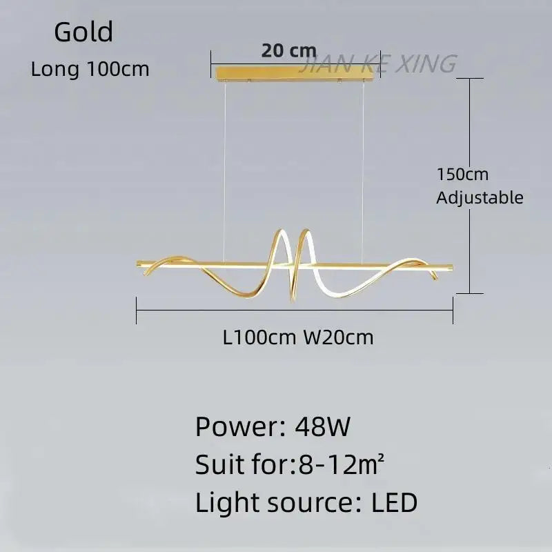 lampe suspendue moderne ondulé noir doré 100cm 120cm led 48w 68w