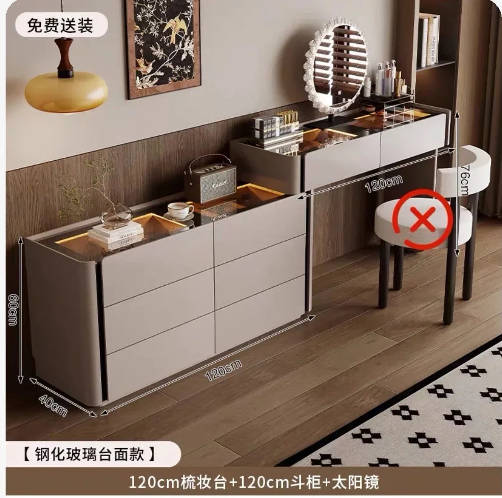 meuble rangement moderne commode tiroirs table maquillage miroir tabouret bois chêne massif beigeclair