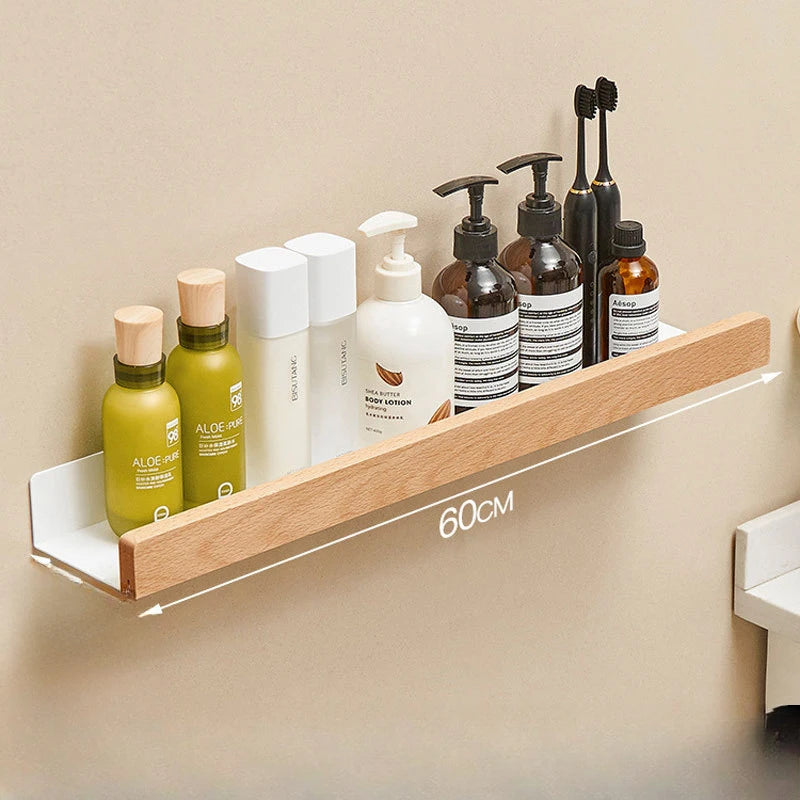 étagères murales modernes minimalistes noires bois flacons brosse dents adhésives salle bain