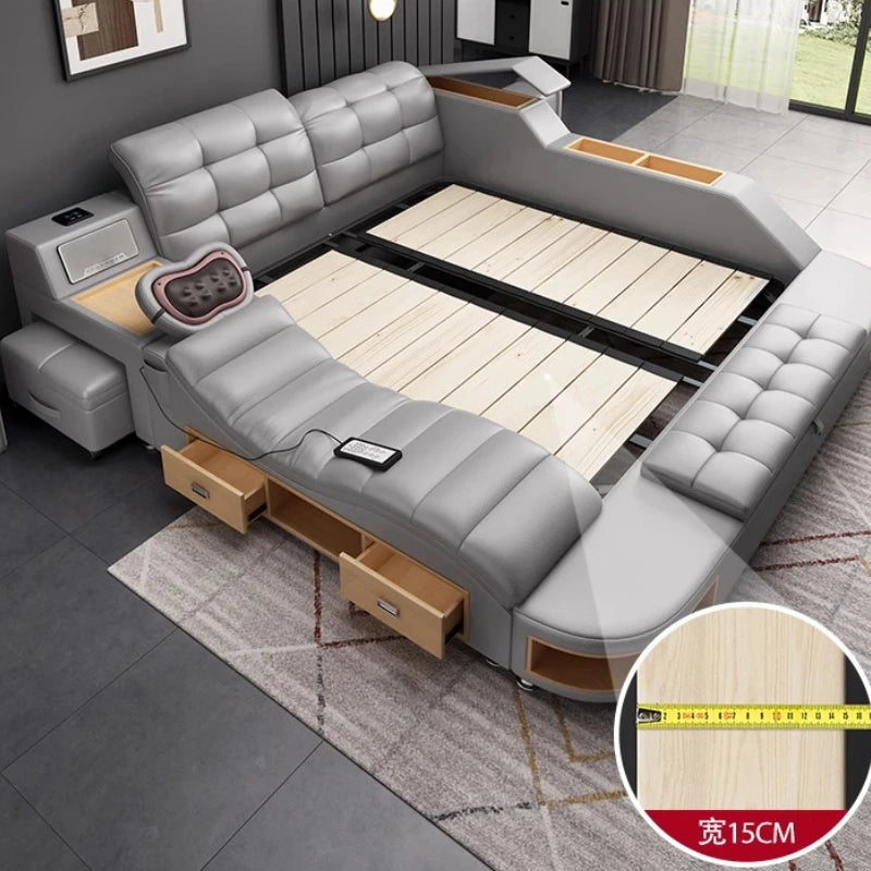 lit multifonctionnel moderne gris clair simili cuir tapis coussins rangement sous lit