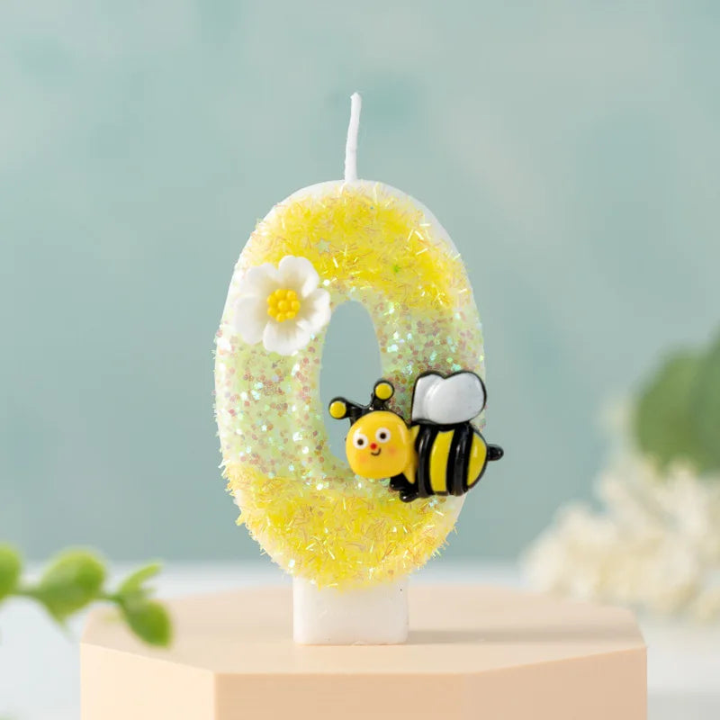 bougies forme chiffres jaune blanc noir fleurs abeilles décoratives enfants sucrerie couteau sucre boîte