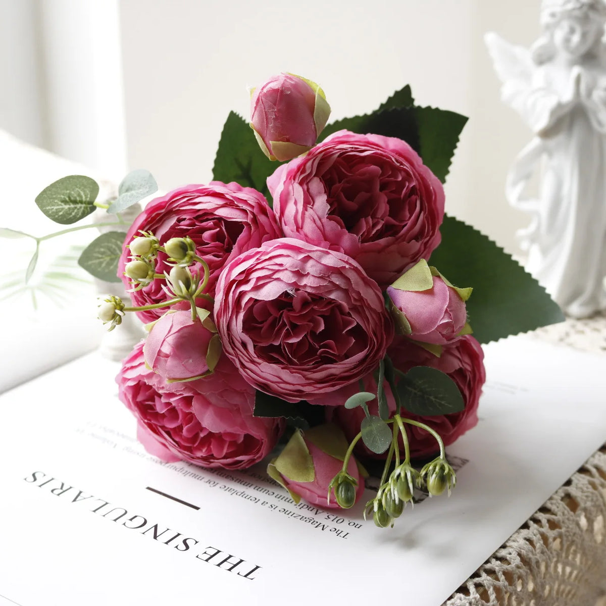 bouquet fleurs artificielles rose pivoine gypsophila mariage anniversaire décoration intérieureextérieur 30cm