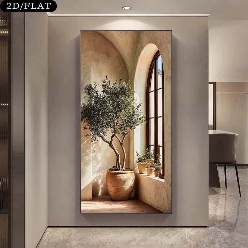 tableau moderne paysage architectural arbre fenetre plante beige vert brun sans cadre toile murale