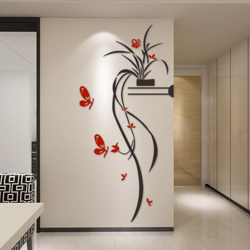 décoration murale adhésive papillons feuilles stylisées moderne noire rouge blanche