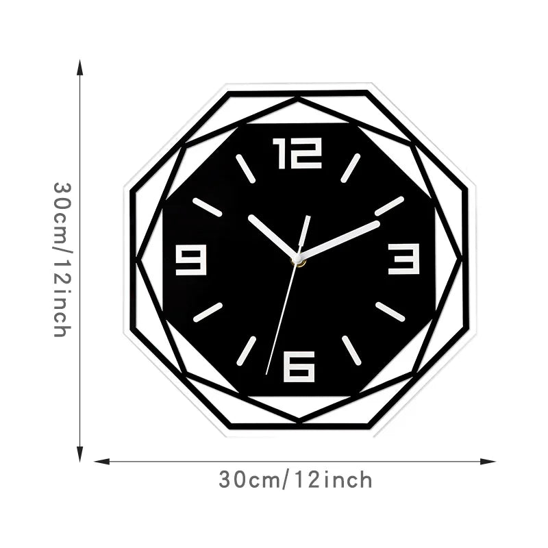 horloge murale géométrique moderne minimaliste octogonale aiguille quartz noire blanche grisclair