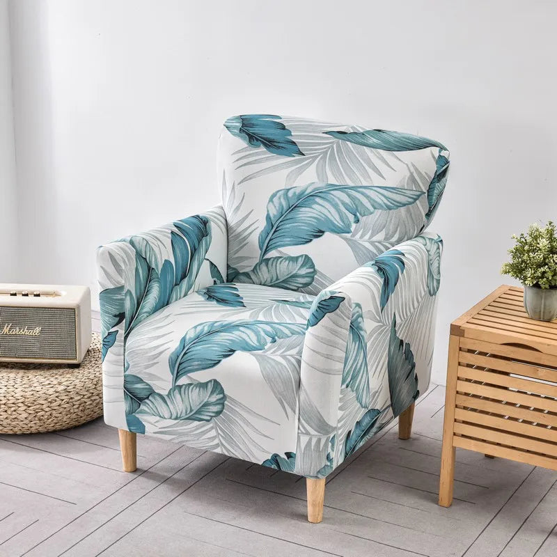 fauteuil moderne confortable housses polyestère feuilles tropicales géométrique tissu uni opaque pieds bois printemps