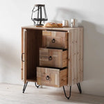 meuble salon armoire bois rustique moderne tiroirs portes beige marron pieds métal anneaux