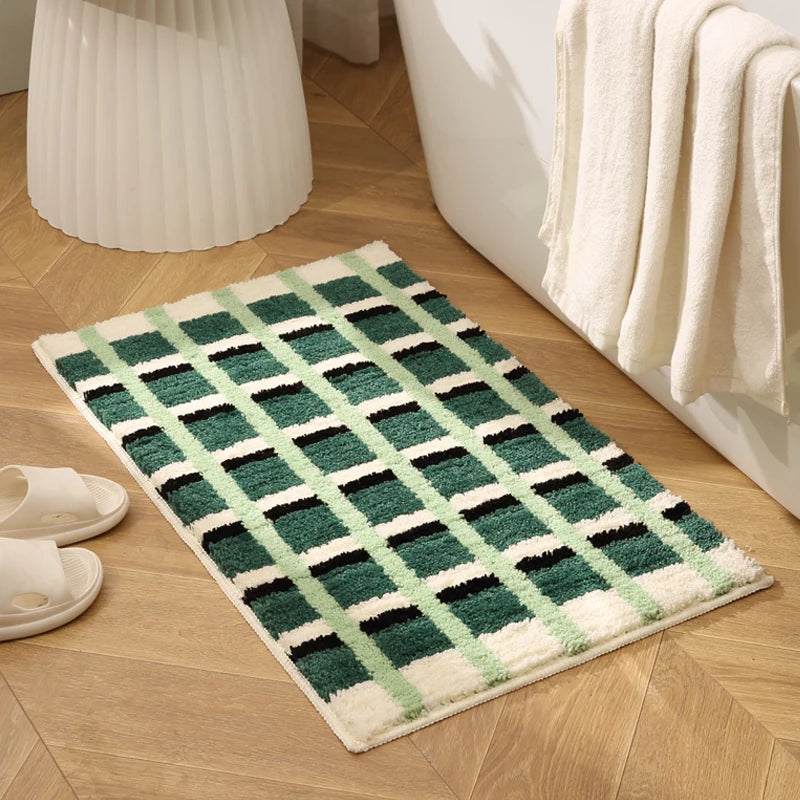tapis bain absorbant moderne motif carreaux géométriques rose blanc salle bain