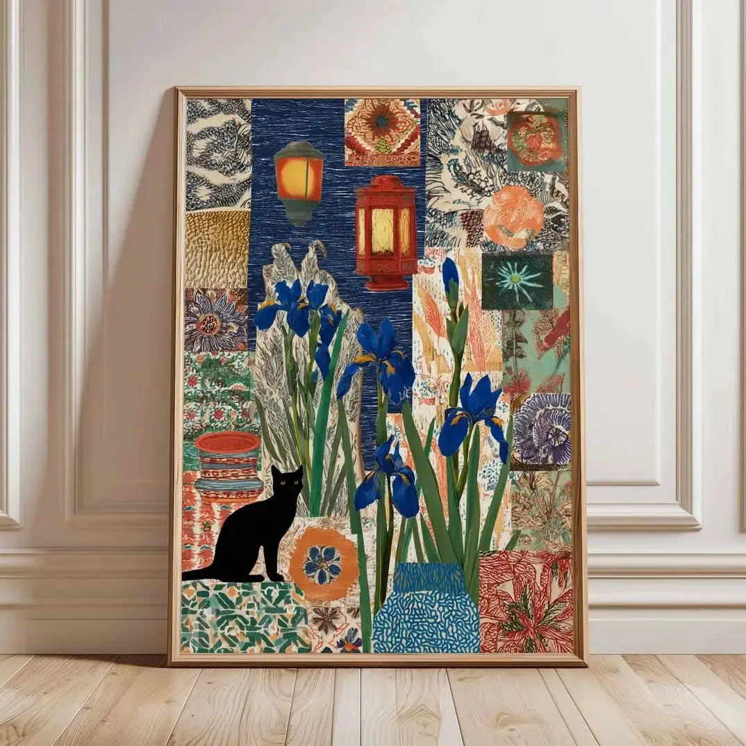 tableau floral patchwork lanternes géométrique moderne bleu vert orange noir blanc