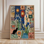 tableau floral patchwork lanternes géométrique moderne bleu vert orange noir blanc