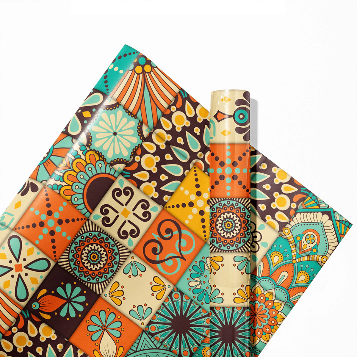 papier peint autocollant vintage patchwork floral multicolore bleu orange marron geometrique chambre cuisine