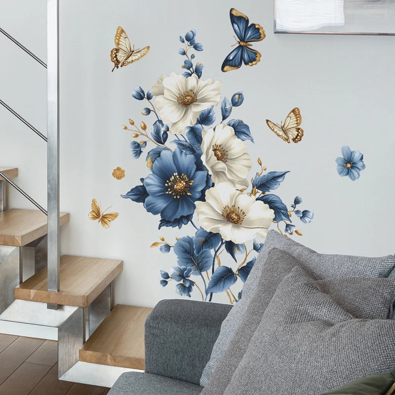 sticker mural floral décoration aquarelle papillons feuilles verte élégant bohème adhésif salon chambre
