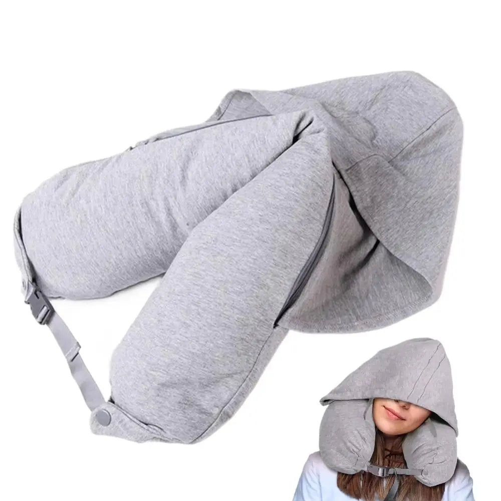 coussin voyage capuche gris confortable mousse mémoire forme cale oreillettes ceinture sécurité lit couchage