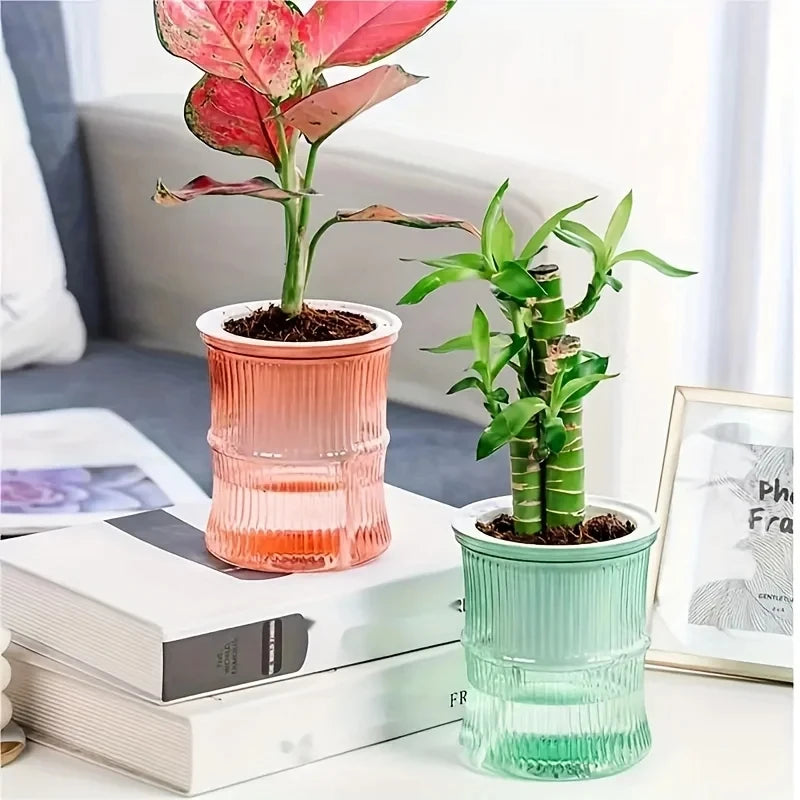 Pot plante moderne rayures verticales plante verte gris bleu rose