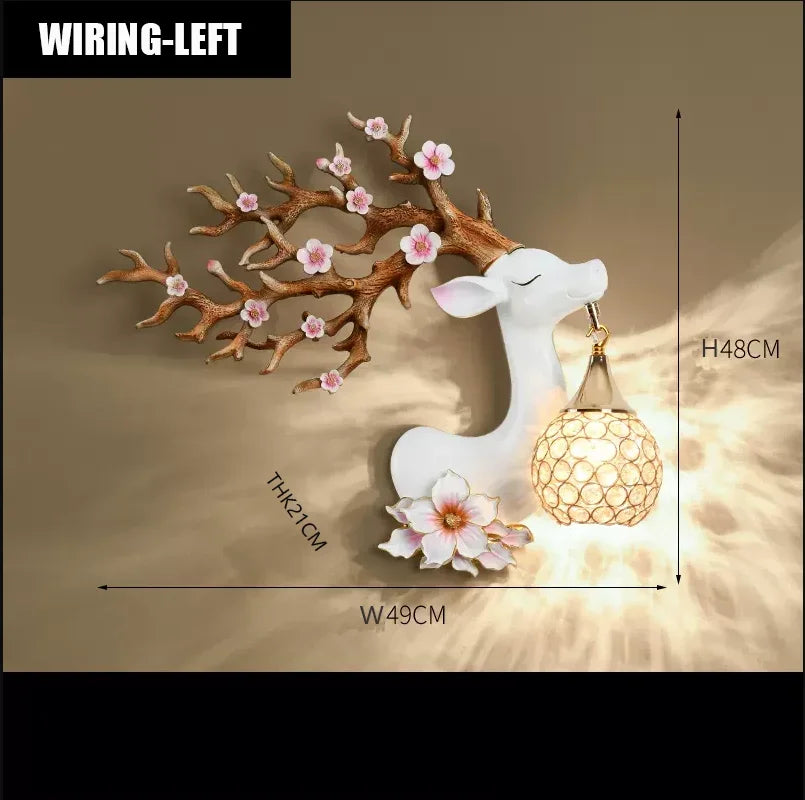 lampe murale moderne branches fleurs strass tête cerf blanc doré bleuclair