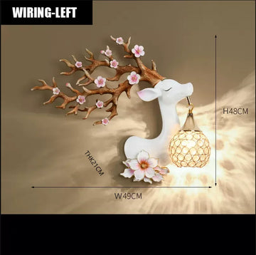 lampe murale moderne branches fleurs strass tête cerf blanc doré bleuclair