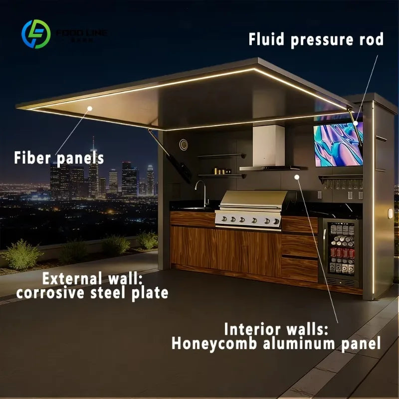 cuisine exterieure moderne acier évier rangement réfrigérateur intégré machine ventilation éclairage led plancher antidérapant