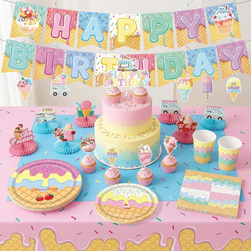 assiettes festives glace vanille anniversaire enfant filles garçons guirlande lettres chapeaux