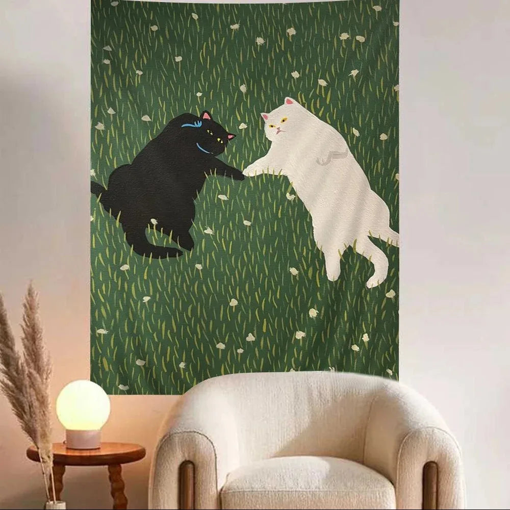 tapisserie murale décoration chambre salon chat mignon fleurs paysage vert moderne tissu polyester lavable