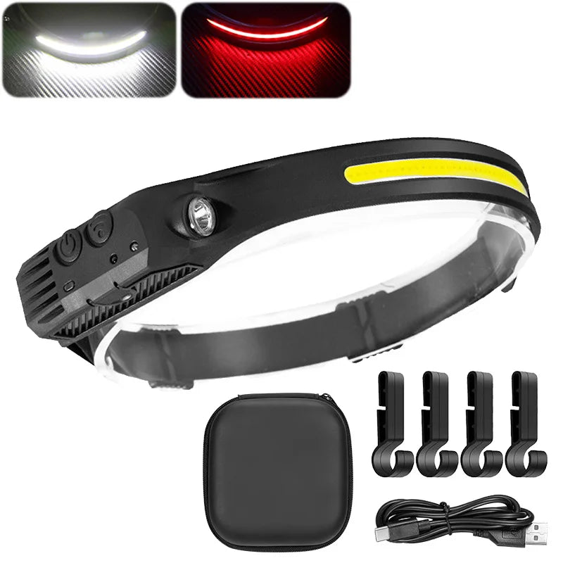 lampe frontale led rechargeable noir jaune fluo modes étanche détecteur mouvement camping pêche randonnée