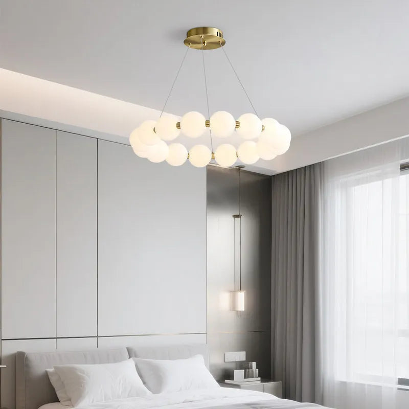 suspension lumineuse moderne boules translucides blanc doré pendentif chaînes lumière led flux lumineux haute
