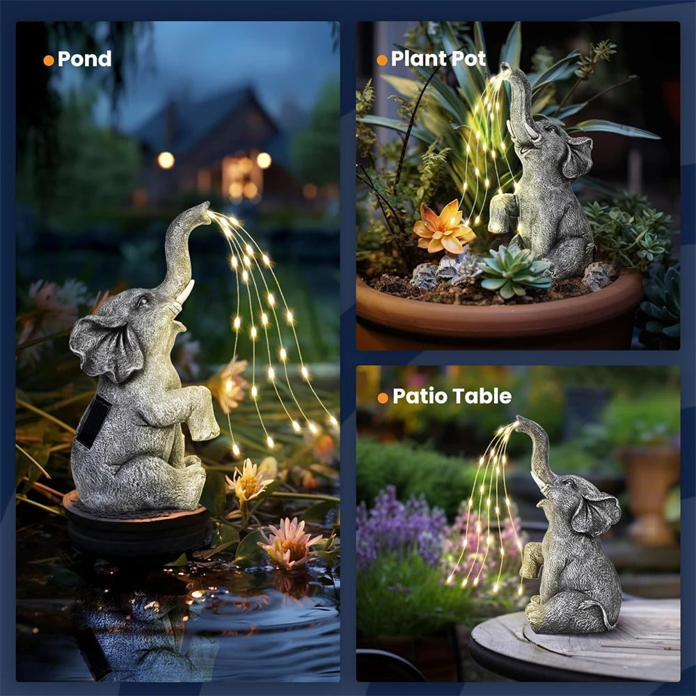 statue éléphant solaire guirlande led jardin extérieur décoration animaux gris pierre zenextérieur