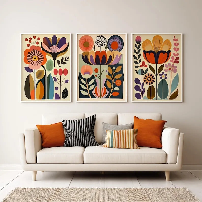 affiches murales modernes impressions toile fleurs stylisées rectangle vertical combiné trois images sans cadre