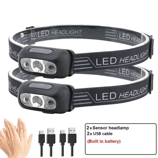 lampe frontale led rechargeable usb puissante portable camping pêche urgence sensoriel chargeur moderne pratique