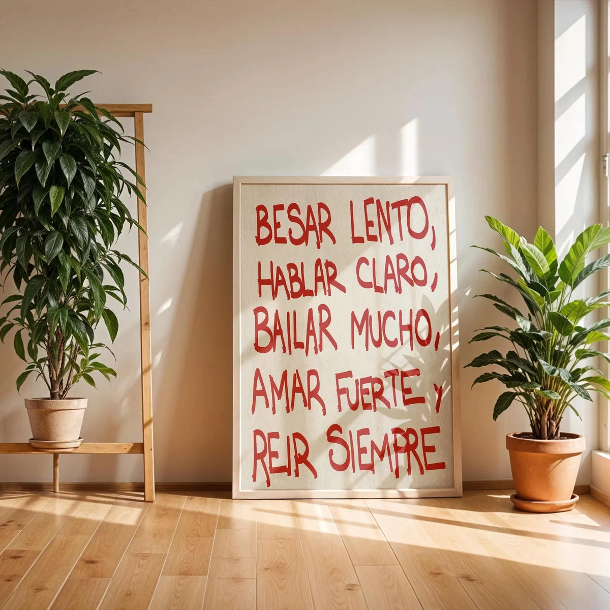 cadre mural minimaliste beige papier imprimé texte rouge sans cadre decoration maison paysage abstrait