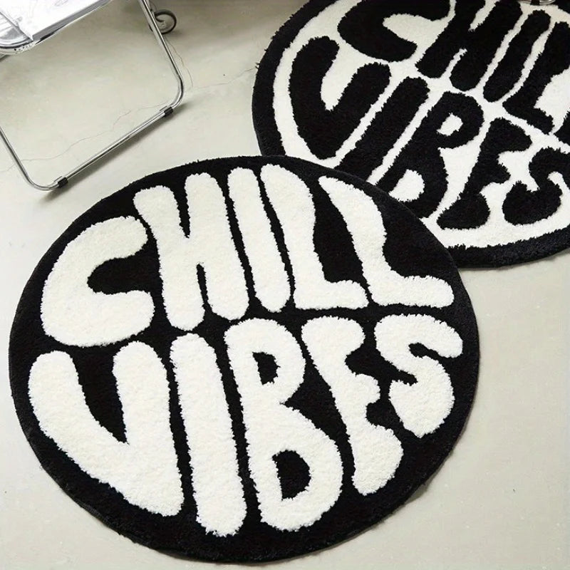 tapis rond moelleux lettres CHILL VIBES noir blanc moderne graphique 80x80cm 120x120cm