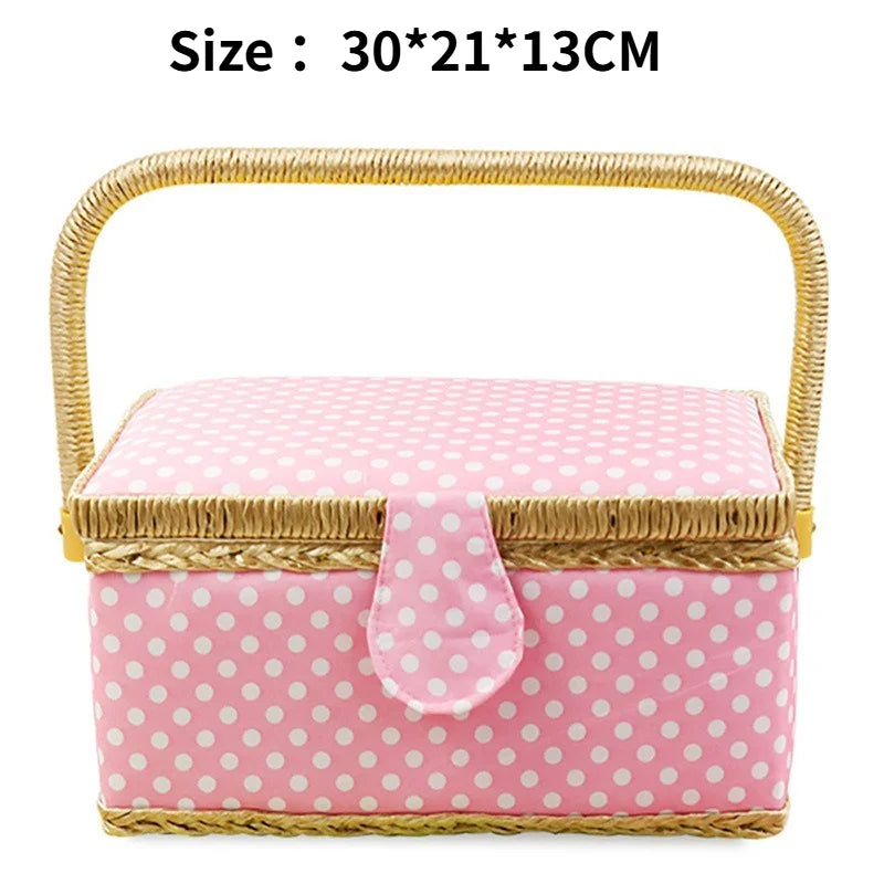 boîte couture rose clair rangement couture tissu imprimé poignée bois sac aiguilles européen doré