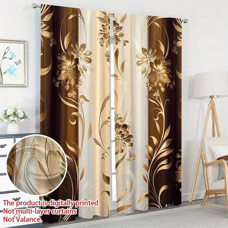 rideaux polyester fleurs dorées marron moderne fenêtre 24x59 30x65 41x91 51x83