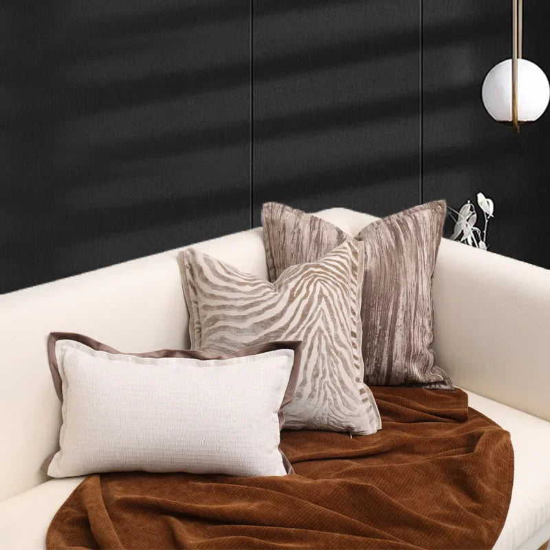 housse coussin rayé beige marron contemporain décoration maison carré polyester coton