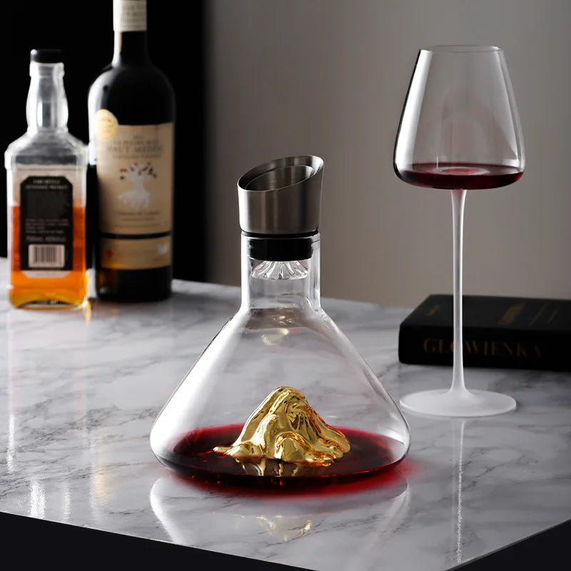 carafe vin transparente montagne dorée moderne 1,5 litre aérateur intégré