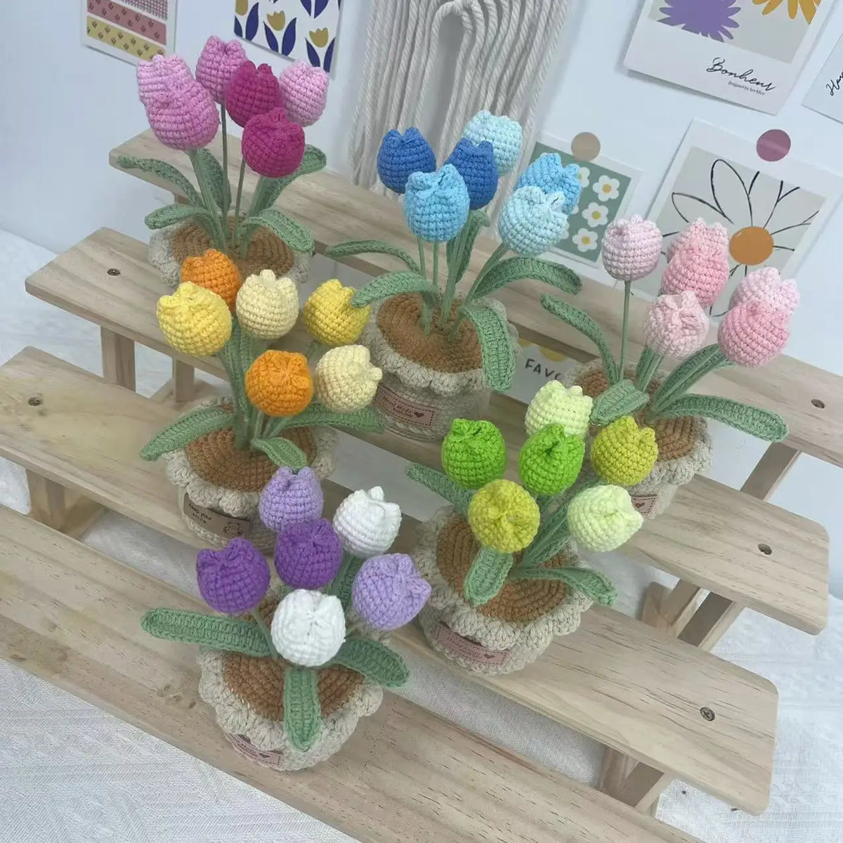 fleurs artificielles tricotées pot hand made décoration maison créative occasion anniversaire mariageintérieur
