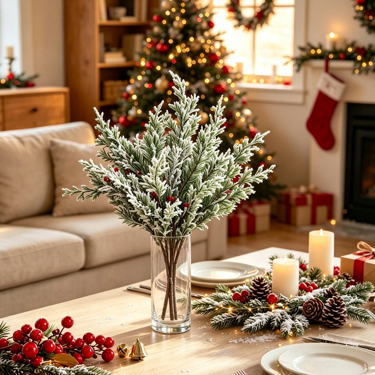 branche artificielle sapin vert baies rouges effet neige décoration noël intérieure festive naturelle