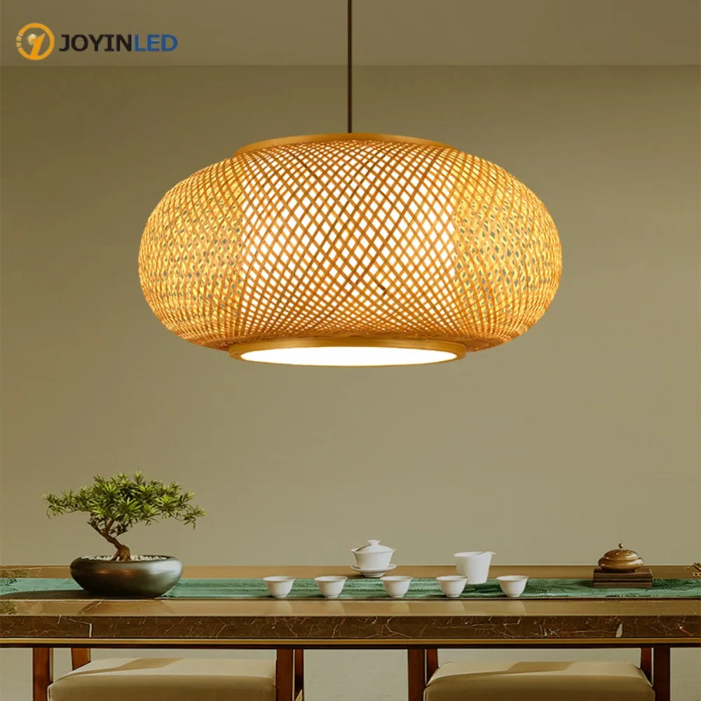 suspension bambou tressé moderne naturel 40cm 50cm 60cm tissage régulier chaîne métallique rustique